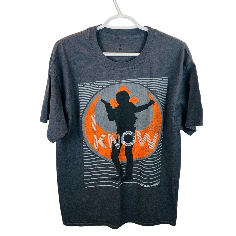 Han Solo I Know Star Wars T-Shirt Men's L Dark Grey Orange Disney Parks Tee